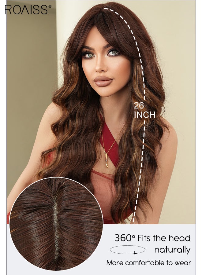 roaiss Brown Wavy Hair Wig with Gold Highlights Wavy Hair Wig, Women's Middle Parting Natural Soft Synthetic Heat Resistant Hair Wig for Wedding Cosplay Party Daily Use, 67cm (26 inches) - Image 4